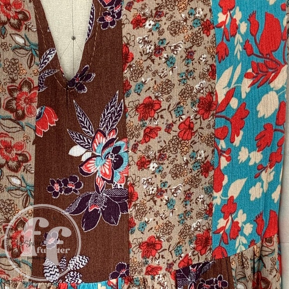 Blue B Patchwork Flutter Sleeve Floral Print Short Tiered Mini Swing Tunic Dress - Picture 6 of 15